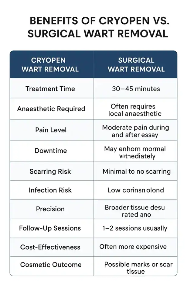 Table showing the benefits of cryopen to remove warts Wembley compared to surgical treatment